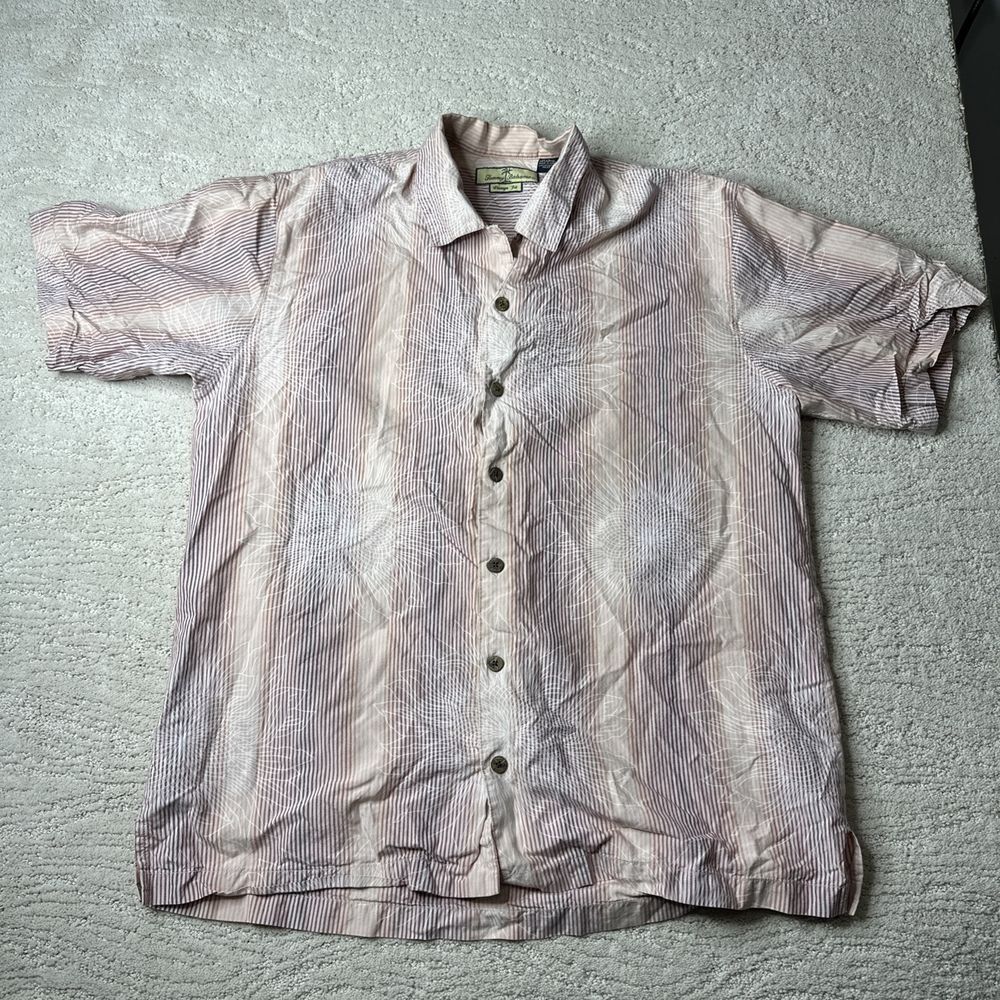 Men Tommy Bahama Large Vintage Fit Silk Blend Stripe Floral Hawaiin Button Shirt